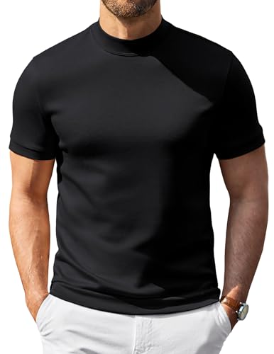 COOFANDY Mens Short Sleeve Mock Neck Pullover Sweaters Casual Stylish Slim Fit Basic Top Silk-Like Fabric Black