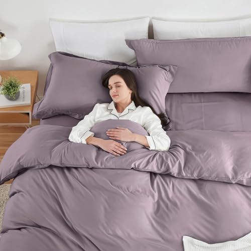 Image of Hearth & Harbor Dusty Purple Duvet Cover with Fitted Sheet Queen Size | 4 Piece Soft Double Brushed Bedding Set, Button Closure, 1 Duvet Cover 90x90 Inches, 1 Fitted Sheet, 2 Pillow Shams