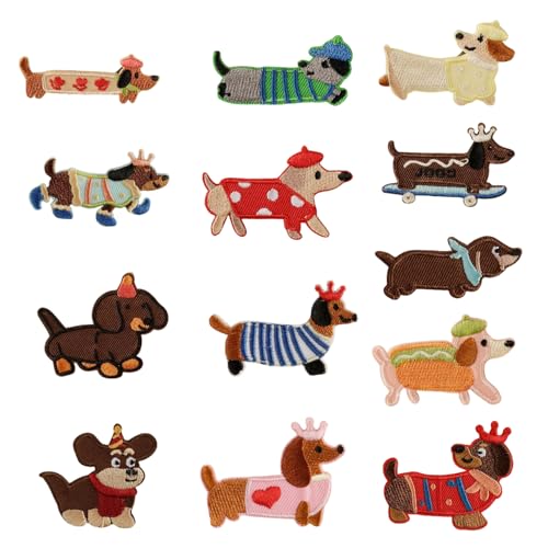 13 Stück Aufbügel Patches Dackel Bügelbilder für Textilien Dachshund Sticker Dackel Kollektion Bügelsticker Verschiedene Dackelmuster für Jeans Kleidung Hut Rucksack Leinwand