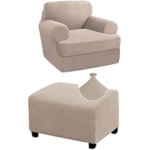 PrinceDeco 2 Pieces Armchair Slipcover Bundle Rectangle Ottoman Cover, Sand