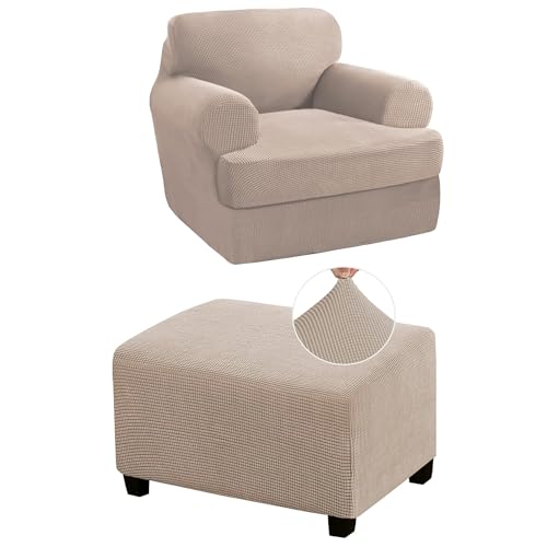 PrinceDeco 2 Pieces Armchair Slipcover Bundle Rectangle Ottoman Cover, Sand