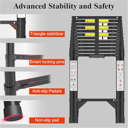 Image of Telescoping Ladder, 16.5 FT 330 Lbs Aluminum Extension Ladder, Black | Telescopic, Collapsible & Adjustable, Compact Retractable Ladder for House, Roof, RV & Travel Trailer