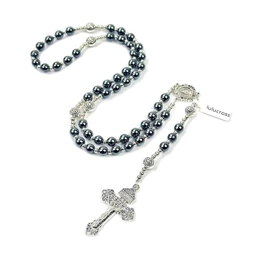 lulucross Colar de terço de hematita preta católica unissex com medalha e cruz é o rosário ideal para homens orarem e meditarem, 1, Zinco, Sem Pedra Preciosa