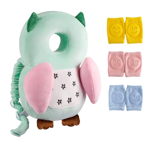 Mounting UP Baby Toddler Walker Head Protector Backpack Adjustable Wear Head Protection Safety Pad Backpack with 3 Pairs Knee Pads for Baby Toddler & Walker Walking & Crawling Cute Owl MTY HX S4