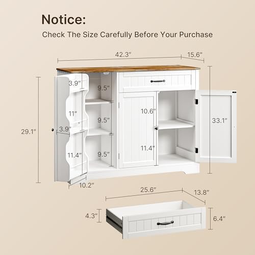 Gizoon Kitchen Coffee Bar Cabinet with Storage Kitchen Sideboard Buffet Cabinet with Drawers, Short Pantry with Door and Shelves for Bathroom and Living Room, White and Rustic