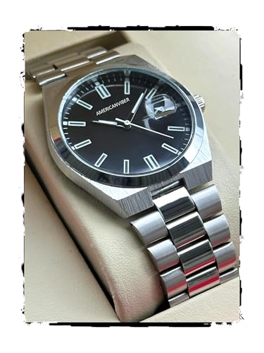 Image of AMERICANVIBER Men's Silver Stainless Steel Watch, Vibrant Green Sunburst Dial, Quartz Analog Movement, Date Display, Faceted Bezel for Men