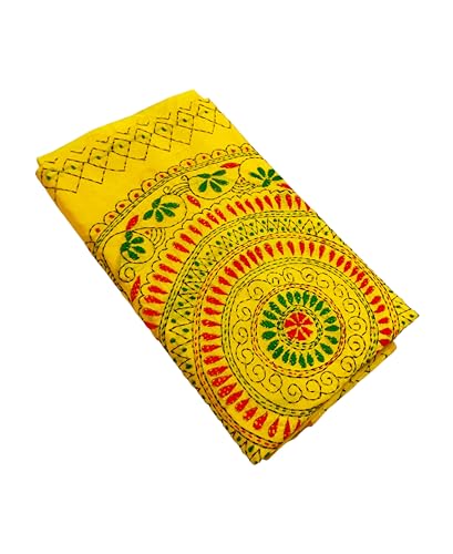 Image of SHRISTI CLOTHINGS Women's Hand Embroidered Cotton Silk Kantha Stitch Saree with Blouse Piece (SB4200924 YELLOWD95)