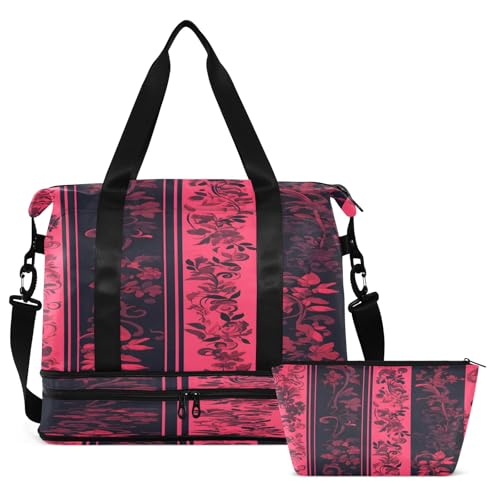 Pink Floar and Black Stripe Seamless Travel Duffel Bag Waterproof Gym Sport Tote Bag Carry On Weekender Bag with Compartment2
