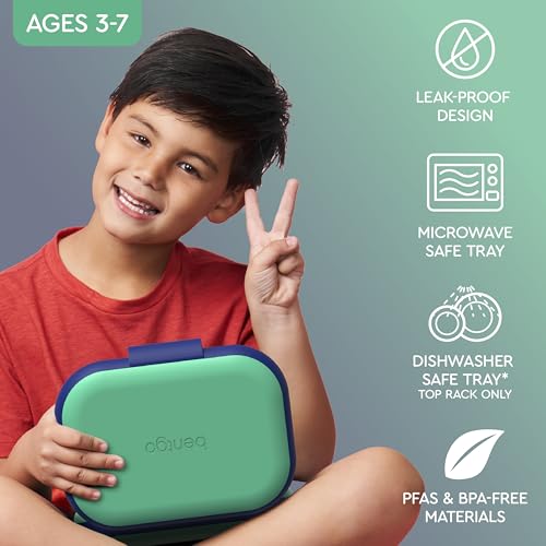 Bentgo Chill Kids Leak-Proof Lunch Box - 4-Compartment Bento Box with Built-In Ice Pack, 3.3 Cup Capacity, PFAS & BPA-Free, Microwave & Dishwasher Safe, Ideal Size for Ages 3 to 7 (Green/Navy)