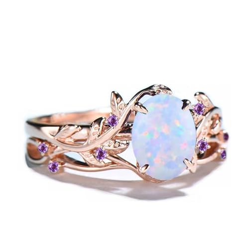 Fire Opal Engagement Ring Set Natural Inspired Leaf Personalized Silver 10K 14K 18K Gold Opal Ring Cluster Amethyst Opal Wedding Ring Set for Women4