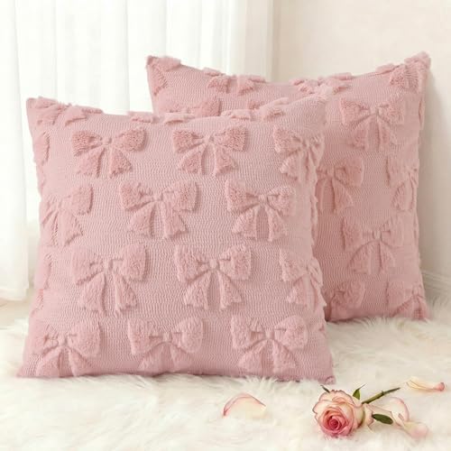 Image of decorUhome Pink Bow Pillow Covers Set of 2 Coquette Aesthetic Cute Preppy Plush Faux Pillowcases for Girly Bedroom or Couch 18x18 Inch