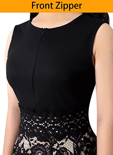 VFSHOW Womens Lace Applique Tie Waist Front Zipper Pockets Pleated Cocktail Party A-Line Midi Dress3