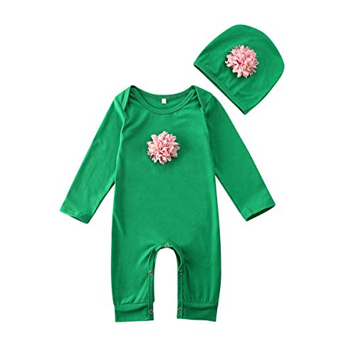Newborn Baby Girl Clothes Floral Long Sleeve Footless Romper Jumpsuit Cotton for Autumn Winter (Green, 80)