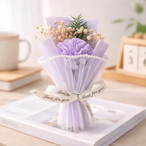 Image of Mini Artificial Flower Bouquet Gifting, Preserved Look Flower Pearl Net Wrap inchJust for You inch, Romantic Small Gift Valentine, Birthday, Proposal, Home & Desk Decor (Lavender)