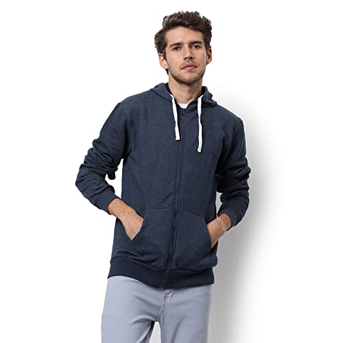 Image of CAHOOT Men's Dark Blue Zip-Front Hoodie with Contrast Drawstring for Casual Wear | Long Sleeve | Hooded Neck | Zipper Closure | Cotton Sweatshirt Crafted with Comfort Fit for Everyday Wear