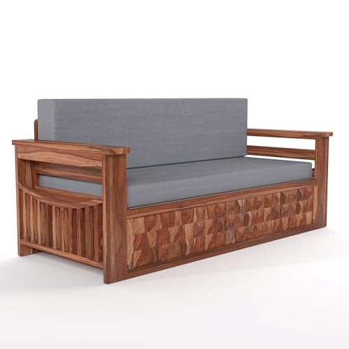 Image of Mamta Furniture Solid Sheesham Wood Sofa Set 3 Seater Furniture Wooden 3 Seater Sofa Cums Bed for Home Living Room with Cushions (Honey with Grey, 3 Seater Design 2)