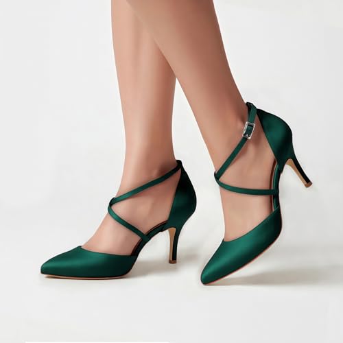 Image of ELEGANTPARK Pointed Toe Heels for Women Satin Strappy Wedding Dress Shoes | Adjustable Buckle, 3 inch Stable Heel, Closed Toe Pumps for Bride, Wedding Guest, Bridesmaid, Evening, Cocktail Party, Formal