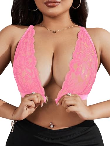 Image of MakeMeChic Women's Plus Size Lace Bralette Front Closure Bras Wireless Deep V Triangle Sexy Lace Bra