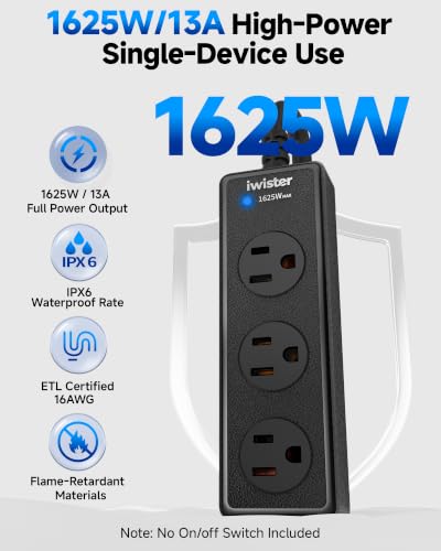 Image of Outdoor Power Strip Weatherproof, 3 AC Outlets, 1625W /13A High-Power Single-Device Use, IPX6 Waterproof Extension Cord for Backyard, Patio, Home Office, Garage, Workshop, Camping, 3FT