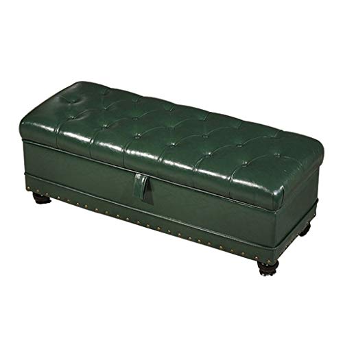Banco de almacenamiento tapizado de piel sintética verde para entrada, sala de estar, dormitorio, reposapiés de madera, armario, asiento de zapatos, pasillo, cama, taburete y puffe, 100 x 45 x 45 cm