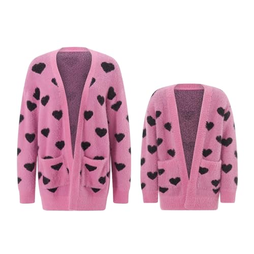 Mommy and Me Valentines Day Open Front Sweater Crewneck Long Sleeve Love Heart Cardigan Outerwear Coats