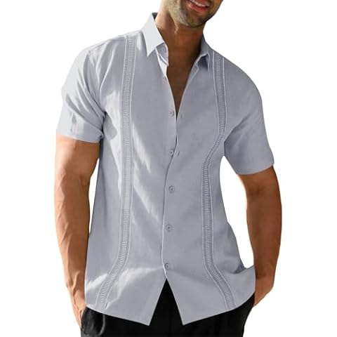 Hestenve Mens Guayabera Shirts Casual Linen Cotton Button Down Short Sleeve Cuban Hawaiian Shirt Summer Beach Work Tops Gray Cover