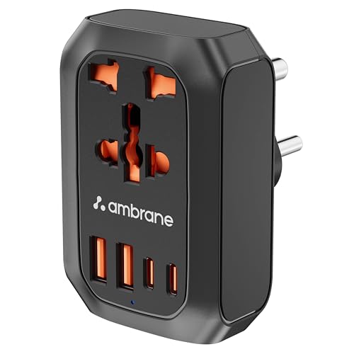 Ambrane 5-in-1 MultiPort Adapter with Universal AC Socket, 2 x Type C, 2 x USB, 2500W AC Output, 20W...