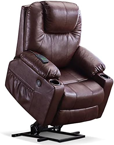 MCombo Electric Power Lift Recliner Chair Sofa with Massage and Heat for Elderly, 3 Positions, 2 Side Pockets, and Cup Holders, USB Ports, Faux Leather 7040 (Medium, Dark Brown)