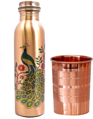 Image of vedanshstore 100% peacock design Leak proof with one Glass water bottle 1000 ml Bottle With Drinking Glass (Pack of 1, Copper, Copper) Pack of 1