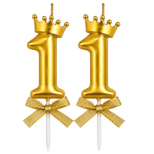 Image of Premium Gold Crown Number 11 Candle for Birthday & Anniversary Cake Decoration | Metallic Gold Cake Topper Candle for Kids Boys Girls Party Celebration, 2 pc