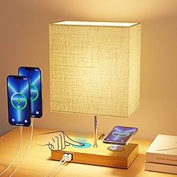 Lamparas Mesita De Noche Hiperdeluz GLUROO Lamparas de Mesita de Noche con Cargador Inalámbrico, Lámparas de Mesa Táctil, 2 Puertos de Carga USB, Regulable de 3 vías Lámpara de Noche Vintage para Habitación,Salon,Oficina