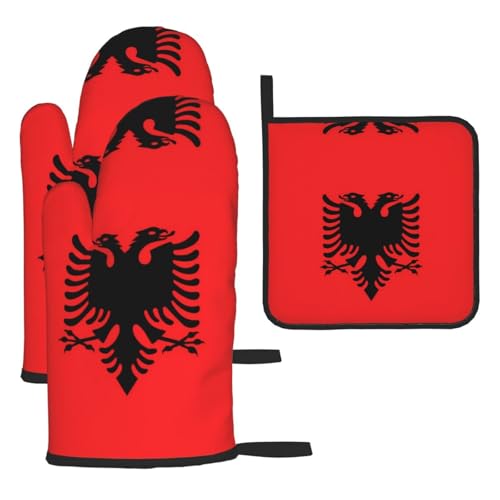 Ofenhandschuhe & hitzewiderstandsfähige Matte mit albanischer Flagge, wasserdicht, hitzewiderstandsfähig, für Küche, Backofen
