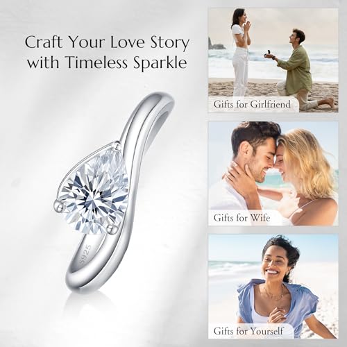 Image of NORBU Solitaire Wavy Moissanite Engagement Rings for Women, 1.5CT D Color VVS1 Clarity Pear Cut, 925 Sterling Silver Promise Ring with 18K White Gold Plated, Jewelry Gift for Wedding Anniversary Birthday Christmas Valentine's Day