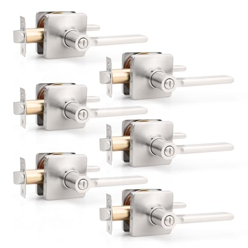 GOBEKOR Brushed Nickel Door Handles Interior Privacy Door Handle for Bedroom Bathroom Square Door Levers Reversible Keyless Door Knobs Satin Nickel 6 Pack
