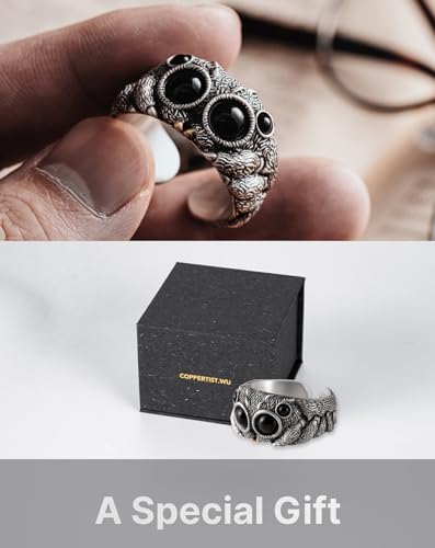 COPPERTIST.WU Jumping Spider Ring for Men Women, Black Agate 925 Sterling Silver Open Rings Personalized Spiders Jewelry Gifts3