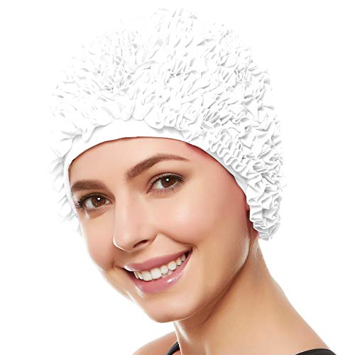 BEEMO Women’s Swim Bathing Cap Turban–Polyester Latex Lined Ruffled Shower Cap-White BEEMO Women’s Swim Bathing Cap Turban–Polyester Latex Lined Ruffled Shower Cap-White
