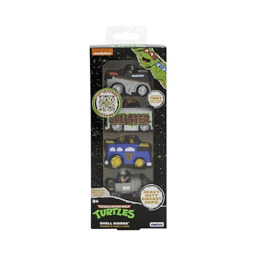 Teenage Mutant Ninja Turtles Toy, 1:64 Diecast Shell Riders Set with Casey Jones, April, Splinter & Shredder, Classic Edition Ninja Turtle Figures for Kids, Ages 3+
