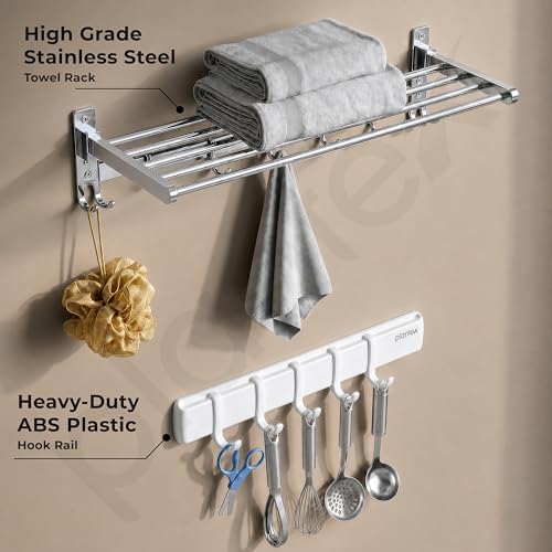 Image of Plantex Folding Towel Rack with Magnetic Hook Rail /Stainless Steel 24 Inch Towel Holder with 5 ABS J-Shape Hooks for Bathroom /Wall Mounted Towel Stand for Clothes - Chrome