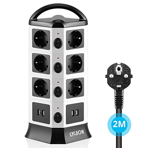 LYCAON - Regleta múltiple (2500 W/10 A, con 4 USB (2,1 A) y cable de 6,5 pies, torre de enchufe con interruptor, protección contra sobretensión y protección contra cortocircuitos)