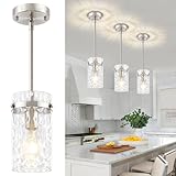 3 Pack Brushed Nickel Pendant Lights Kitchen Island, Modern Hammered Glass Pendant Lighting Over Island Hanging Bathroom Light Fixtures Adjustable Mini Pendant Light for Hallway Entryway Dining Room