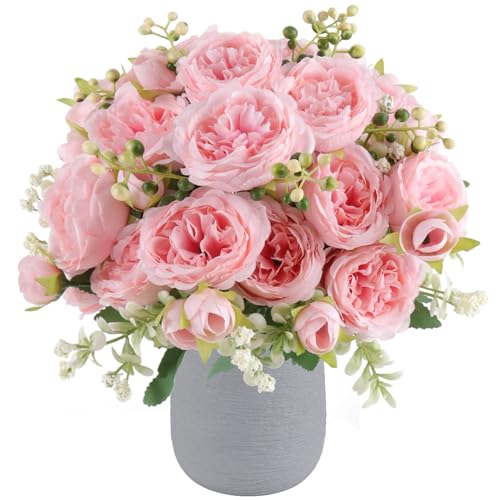 Artificial Peonies Silk Flowers, Pink Faux Peony Bouquet 2 Bundles Florals Arrangements for Farmhouse Home Boho Wedding Table Centerpiece, Fake Plastic Flower Bulk for Vase Decoration (Light Pink)
