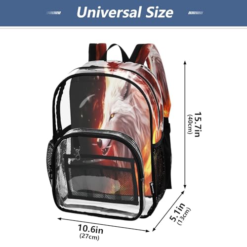 Wolfs with Fire Clear Backpack - Stadium Approved Large 15.7-inch Waterproof Transparent Bag for Sports, Concerts, Work, Travel#1214