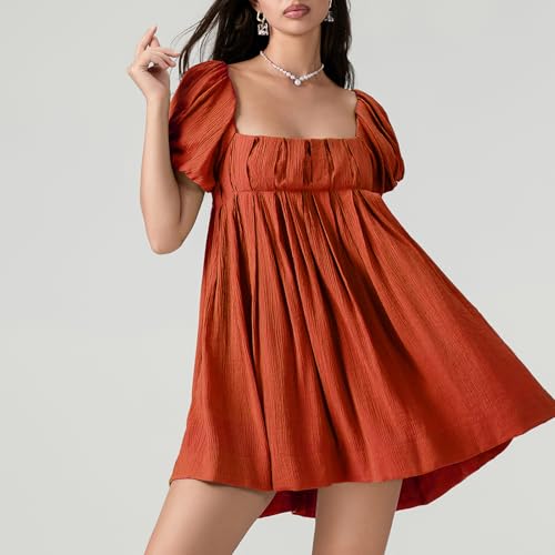 Image of Women Y2k Puff Sleeve Babydoll Dresses Square Neck Tie Back Mini Dress Summer Solid Off Shoulder Flowy Sundress