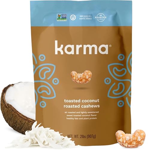 Karma Nuts Toasted Coconut Air Roasted Whole Cashews (32oz, Pack of 1) Lightly Sweetened, Peanut-Free Facility, Kosher, Gluten Free Vegan Snacks, Non GMO, Low Carb Snack