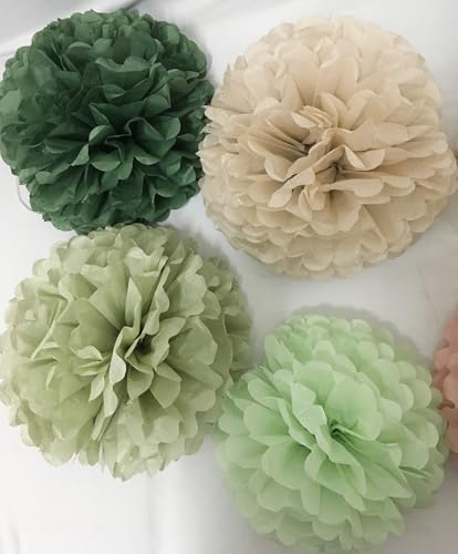 Image of Sage Green Tissue Paper Flower Pom Poms Kit 12pieces for Wedding Bridal Shower Engagement Bachelorette Birthday Party Decorations (Boho Sage Green)