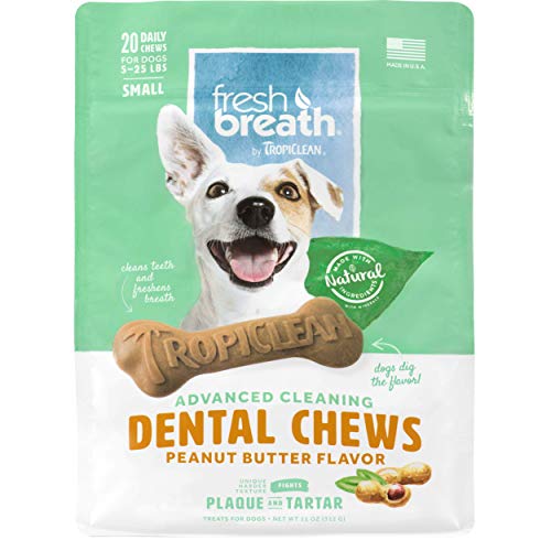 Fresh Breath by TropiClean Dog Dental Care Peanut Butter Flavored Dental Chews for Dogs 5-25 Pounds, 20ct, 11oz - Made in USA - Helps Brush Away Plaque and Tartar