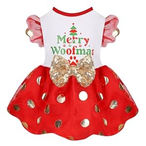 Dog Christmas Outfit Fly Sleeve Dot Tulle Dress with Sparkly Bowknot Dog Winter Clothes for Small Dogs Girl Holiday Lightweight Doggie Xmas Costume Puppy Skirt Pet Apparel Cat Clothing Red