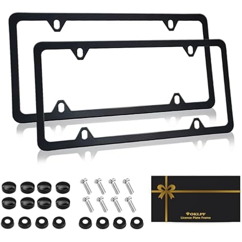 OKLPF Black Matte License Plate Frames 2 Pack,License Plate Holder with 4 Holes, License Plate Cover, Come with Screw Cap, Screw,Washer Cover