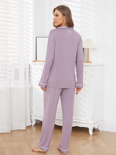 Yoolfine Button Up Pajamas For Women, Long Sleeve Sleepwear Soft Loungewear Ladies Pjs Set, Lavender, Medium #TOP2