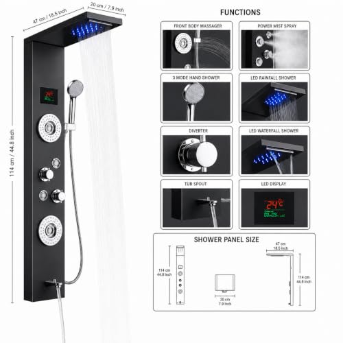 Image of 6-in-1 SS304 Shower Panel | Matte Black Finish | Waterfall & Rainfall Shower | Body Massage Jets | Hand Shower | Tub Spout | Hot & Cold Mixer (Black)
